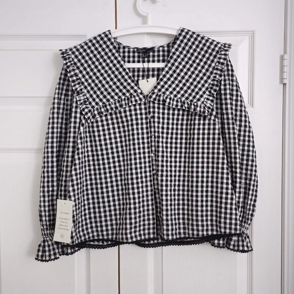 NEW Nobody's Child Black Gingham Frill Collar Blouse - S (US 4) - Picture 3 of 5